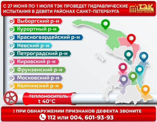 С 27 июня по 1 июля ТЭК проведет 28 гидравлических испытаний в Петербурге и в Ленинградской области