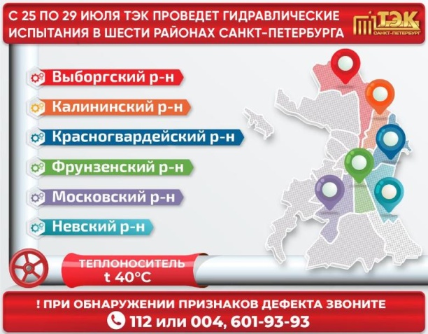 С 25 по 29 июля ТЭК проведет гидравлические испытания в шести районах Санкт-Петербурга